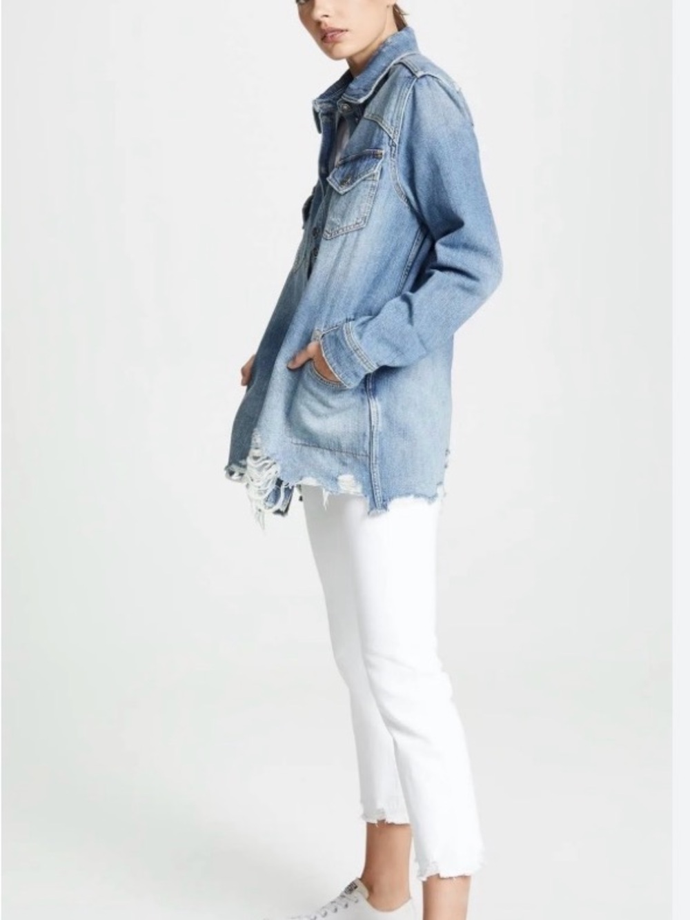 Free People Moon Child Faded Blue Distressed Denim Jacket Sz Small - Picture 2 of 13